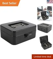 Durable Black Steel Cash Box with Combination Lock & Removable Tray, Medium Size