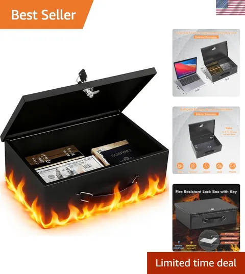 Fireproof Metal Security Box with Key Lock – Portable 12.6” Safe for Valuables