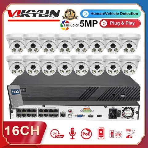 Vikylin 16ch CCTV System 5MP IP Camera Audio Full Color Turret 4k 16POE NVR Lot