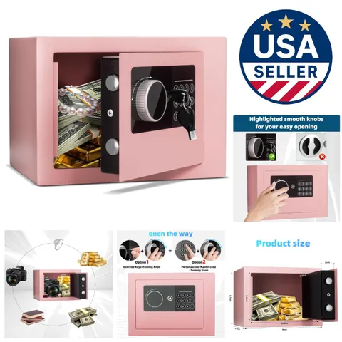 Pink Digital Money Safe - Secure Steel Lock Box with Keypad for Valuables