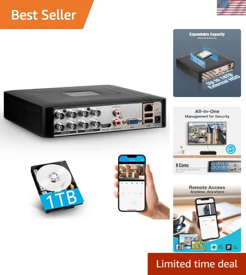 Versatile 8 Channel DVR for HD Security Cameras with 1TB Storage & Motion Alerts