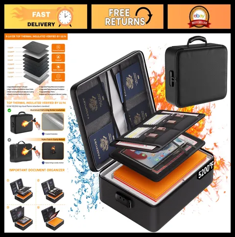 Fireproof Document Organizer with Lock - 5200°F Heat Resistant, Water-Resistant,