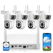 Dual-Lens Home Security Cameras System Wireless Outdoor, 4 Cam Kits