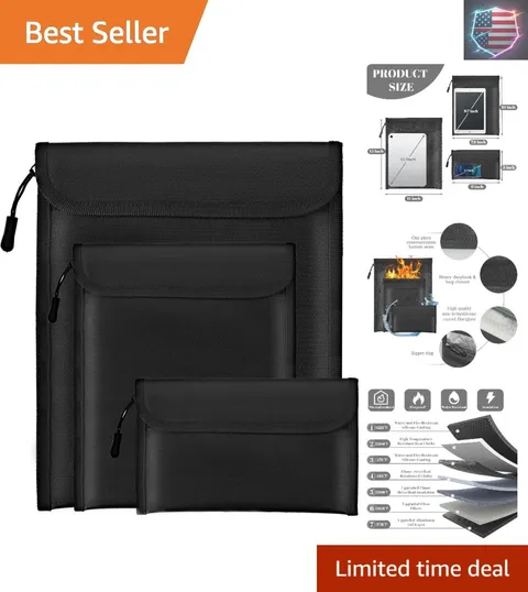 Fireproof Waterproof Document Bag 3-Pack Black 2000℉ Money Bag for Cash Passp...