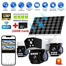 3 Lens 12MP Solar Battery Home Security Camera Outdoor Wifi Wireless PTZ CCTV US