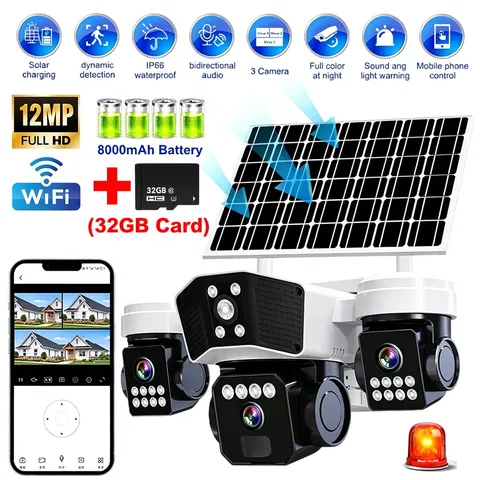 3 Lens 12MP Solar Battery Home Security Camera Outdoor Wifi Wireless PTZ CCTV US