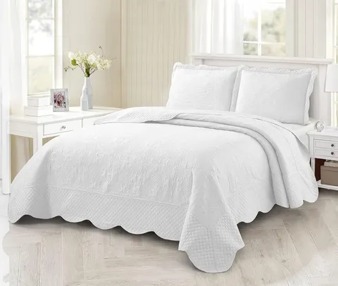 BOREA King Size Quilt Bedding Set 3 Piece Oversized Ultrasonic White Bedsprea...