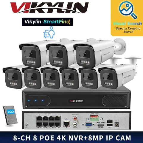 VIKYLIN SmartFind 8POE 8CH NVR MD Full Color 8MP 4K Surveillance Camera Kit Lot