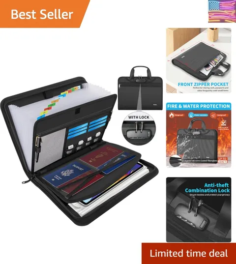 Fireproof Accordion File Organizer with Lock, Important Document Organizer Ho...