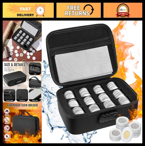 Fireproof Waterproof Coin Storage Box 96 Pcs Holder Capsule Case with Lock & Gas