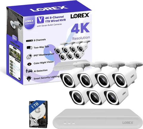 Lorex Connect (New App) | 8Ch 4K V-Series NVR System | 7  Bullet Cameras | White