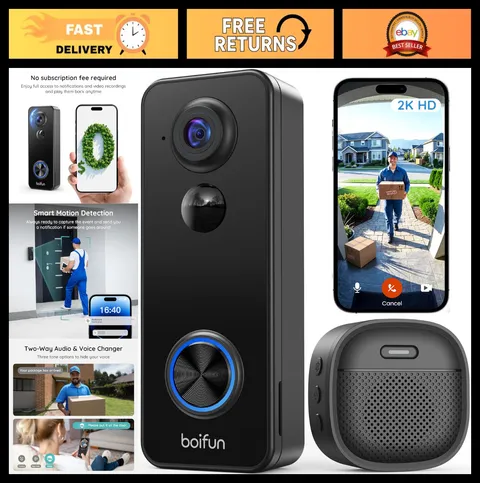 Wireless Video Doorbell Camera, 180° Wide Angle, 2K HD, No Subscription Needed