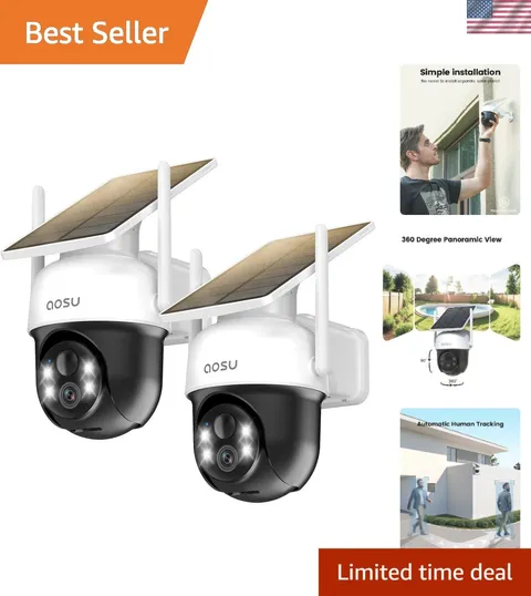 2-Pack Wireless Solar Security Camera - 360° Panoramic View, 2K Night Vision