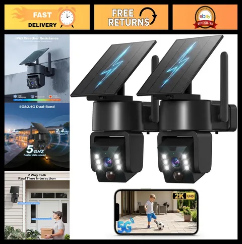 Wireless Solar Security Camera 2K 360° PTZ, 5G/2.4G Wi-Fi, Color Night Vision, P