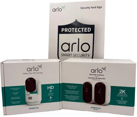 *Arlo Essential 2K Outdoor Camera 2-Pack with Indoor Camera & Yard Sign
