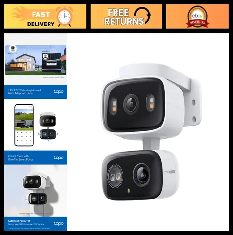 2K Indoor/Outdoor Dual Lens Pan/Tilt Wired Security Camera - Night Vision, Motio