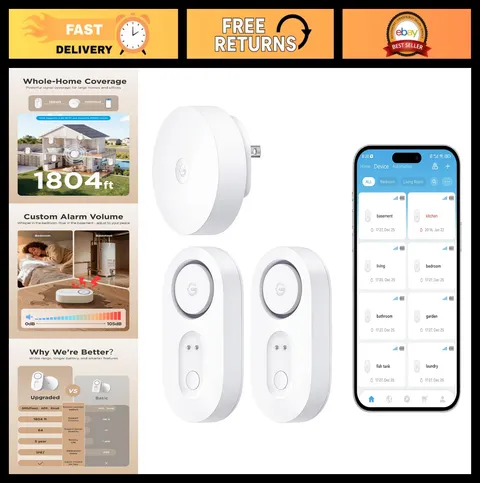 Smart Water Leak Detector 1804ft Range, WiFi Sensor with Alarm & Alerts, 2 Pack