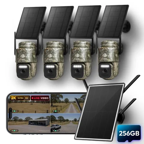 4G Solar Security Camera Pack 4 Cam 2K LIVE Alerts Outdoor Rural Property CCTV