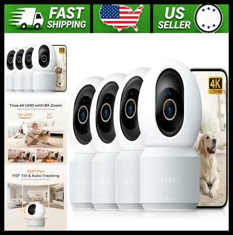 Anona 4K Indoor Security Camera 4-Pack, 360° Pan-Tilt, Pet/Baby Monitor