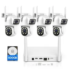 Home Security Camera System Wireless Outdoor, 4 Cameras Dual-Lens PTZ with 10...
