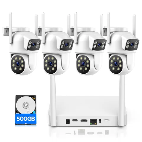 Home Security Camera System Wireless Outdoor, 4 Cameras Dual-Lens PTZ with 10...