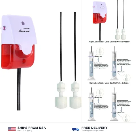 High / Low Water Level Sensor Detector Alarm 120 dB Red Strobe Siren, Adjusta...