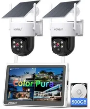 (YGL) Solar Wireless Security Camera System 2.5K PTZ 2 Cameras 10” Monitor NVR