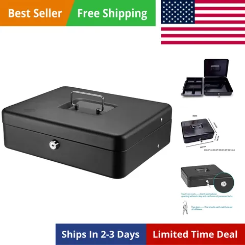 Black Money Saving Box with Cash Tray and Key Lock, Portable Safe Box with Ca...