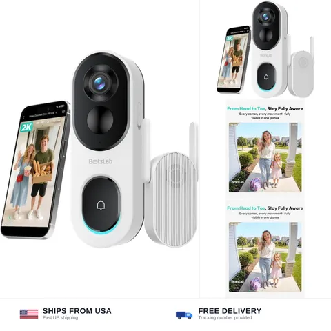 BOTSLAB 2K Doorbell Camera Wireless with Head-to-Toe View, No Monthly Fee, Vi...