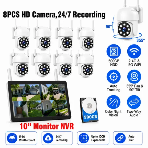 10in 4K NVR Wireless Security Camera System 8Ps PTZ WiFi CCTV Camera 2-Way Audio