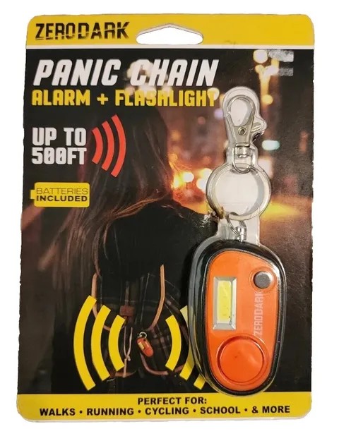 *PANIC CHAIN*ALARM & FLASHLIGHT KEYCHAIN*NEW*SEALED*ORANGE*
