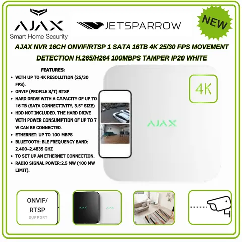 AJAX 16-Channel NVR, 4K Resolution, ONVIF (Profile S/T) White (NO HDD)