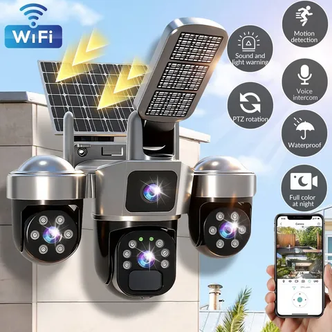 9MP WIFI 3 Lens Solar Battery Home Security Camera Wireless PTZ CCTV Outdoor