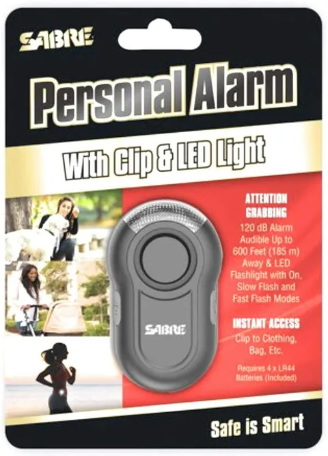 Personal Alarm with Clip and LED Light w 120dB Alarm - Black