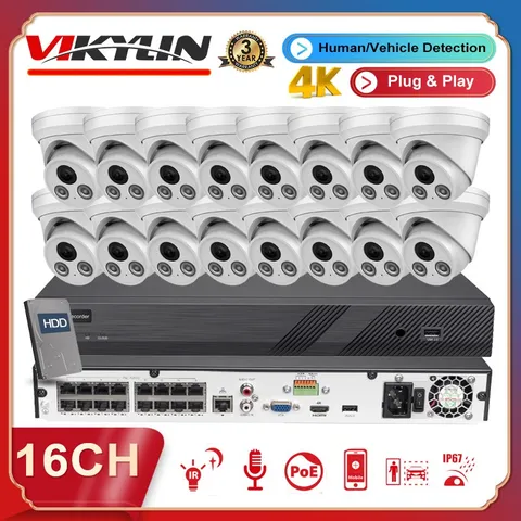 Vikylin 4K 16ch 16POE NVR CCTV System 8MP IP Camera Outdoor Indoor Mic IR30 Lot