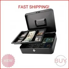 Jssmst Large Cash Box with Key Lock - Durable Metal Cash Box with Money Tray, 11