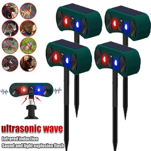 4PCS Solar Outdoor Motion Sensor Alarm 2*130db Ultrasonic Siren 4 Modes Flashing
