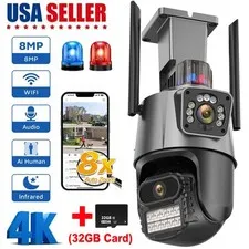 Dual Lens 4K WiFi Security Camera 8X Zoom Outdoor Home Night Vision CCTV PTZ US