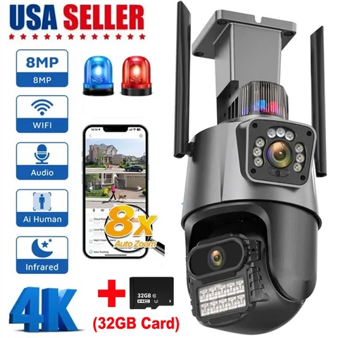 Dual Lens 4K WiFi Security Camera 8X Zoom Outdoor Home Night Vision CCTV PTZ US