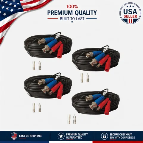 4x 50ft Weatherproof BNC Video Power Cables for CCTV Security Cameras
