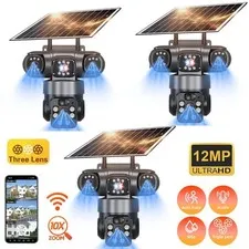 3PC 12MP 3 Lens Solar Camera Outdoor Wireless WiFi CCTV Security Camera 360° Pan