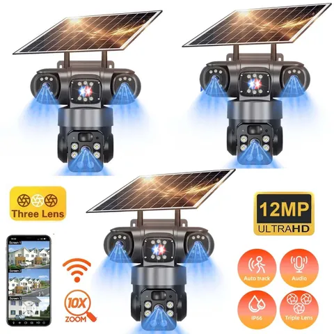 3PC 12MP 3 Lens Solar Camera Outdoor Wireless WiFi CCTV Security Camera 360° Pan