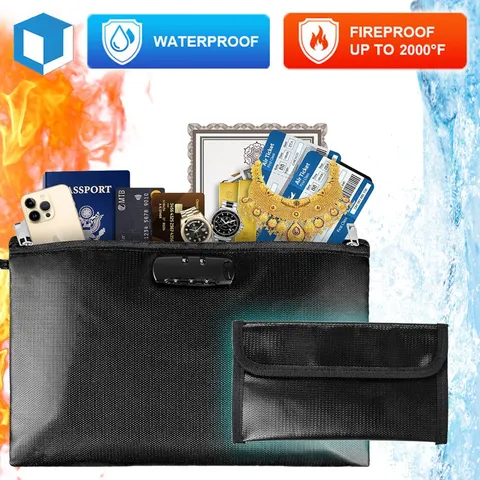 Fireproof Document Bag with Lock Waterproof Pouch Storage Safe Money File Cash