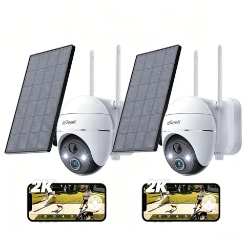 Solar Powered 2K Security Cameras 2-Pack, PTZ with Spotlight/Siren Night Vision