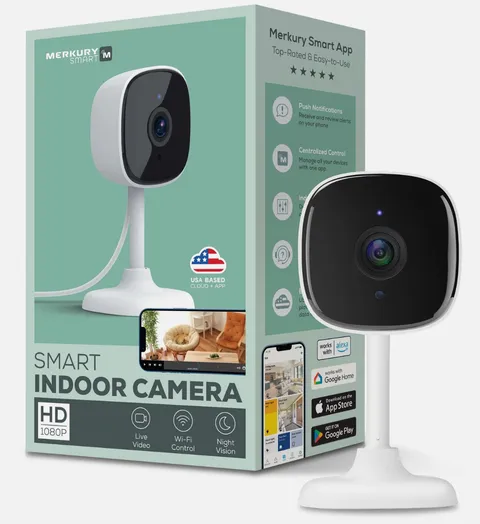 Merkury Smart Indoor Camera 1080p - Wi-Fi Security Cam with Night Vision, White 