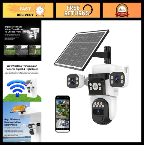 Solar Wireless Triple Lens WiFi PTZ Security Camera - 2K 360° View, Auto Trackin