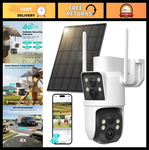 4G LTE Wireless Outdoor Security Camera, 2K Color Night Vision, PTZ, Dual Lens,
