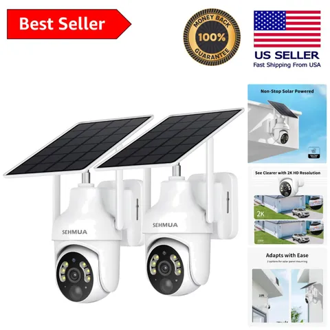 2K Solar Wireless Security Cameras, 360° Pan/Tilt View, 2-Pack with Night Vision