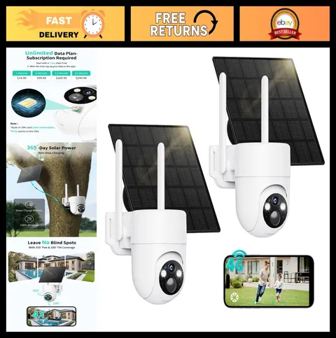 4G LTE Wireless Outdoor Security Cameras 2-Pack, Solar Powered, 2K, Color Night