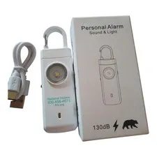 White Rechargeable Personal Alarm 130dB with Flash Light, USB Charger, Keyring